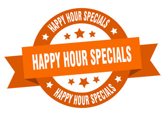 happy hour specials ribbon. happy hour specials round orange sign. happy hour specials