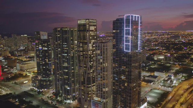Downtown Miami luxury highrise real estate twilight aerial video