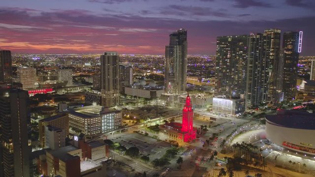 Aerial flight Miami night 4k twilight