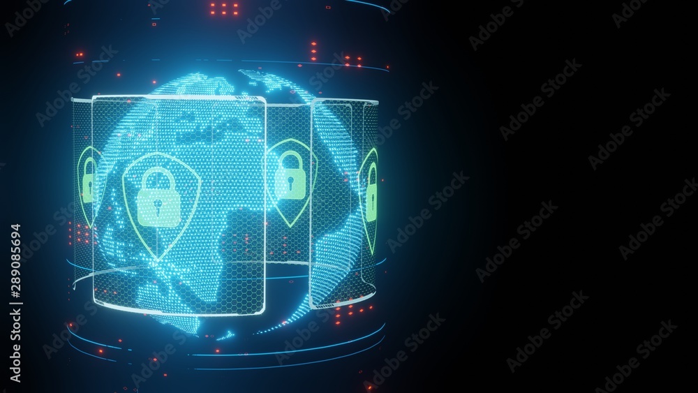 Poster 3d rendering of abstract concept of global internet cyber security. digital pad lock on hexagon sci 