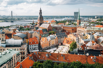 Riga old town panoramic view from St. Peter's Church observatory in Latvia - obrazy, fototapety, plakaty