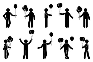 Stick figure man with balloon birthday celebration vector icon people pictogram. Happy standing male party design elements silhouette