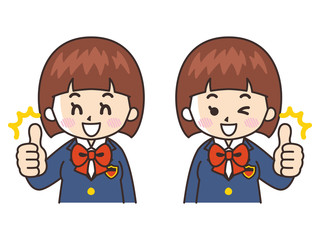 サムズアップする中高生の女子