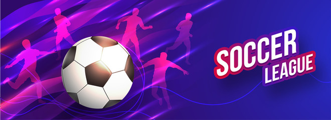 Website header or banner design with realistic shiny football on abstract background for Soccer League game concept.