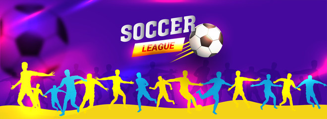 Website header or banner design with realistic shiny football and shielloute of players on abstract background for Soccer League game concept.
