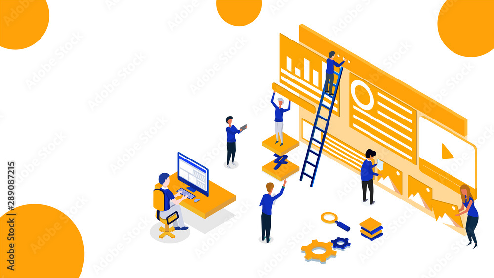 Sticker isometric illustration of business people maintaining the website or analyst analysis data for teamw