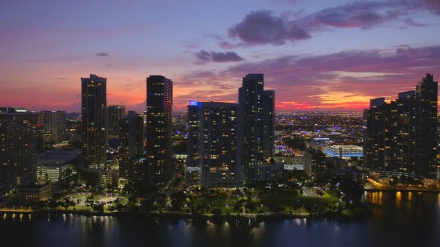 Miami highrise architecture and beautiful sunset 4k