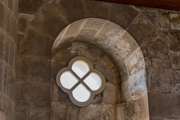 Decorative window on the bell tower of the Lutheran Church of the Redeemer in the Old City in Jerusalem, Israel