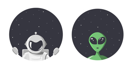 Alien and cosmonaut looks at us through the round hole of space with stars. Extraterrestrial and astronaut in flat cartoon style for t-shirt, print or textile. Vector illustration with copy space
