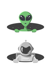 Alien and cosmonaut climbs out from the hole of space with stars. Extraterrestrial and astronaut looks out of a black round hole.  Monster and human in flat cartoon style  Vector illustration