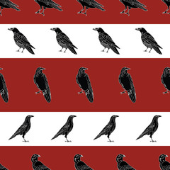 Vector Black Crows Ravens Birds on Red White Stripe Background Seamless Repeat Pattern