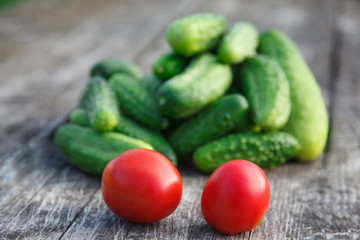 cucumbers and tomatoes on the wooden table