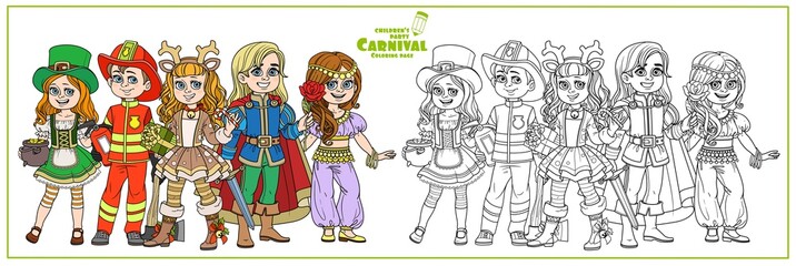 Children in carnival costumes of the Leprechaun, handsome prince, deer, oriental dancer, fireman color and outlined for coloring page