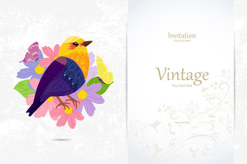 colorful invitation card with bird in flower heart for your desi
