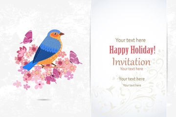 cute invitation card with bird in blossom cherry for your design