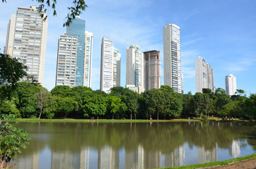 Fototapeta premium Residential buildings by the lake in Goiania, Goias, Brazil 