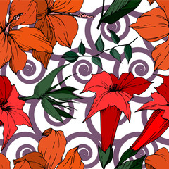 Vector Tropical flowers and leaves isolated. Black and white engraved ink art. Seamless background pattern.