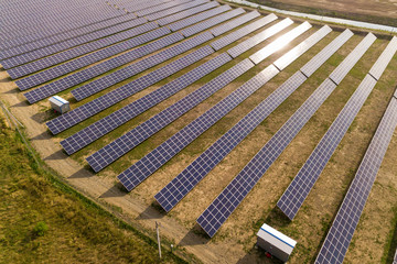 Aerial view of solar power plant. Electric panels for producing clean ecologic energy.