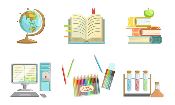 School Supplies Set, Globe, Copybook, Books, Apple, Computer, Pencil, Test Tubes Vector Illustration
