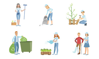Volunteers at Work Set, Young Men and Women Planting Trees, Collecting Garbage, Watering Plants, Helping Disabled People Vector Illustration