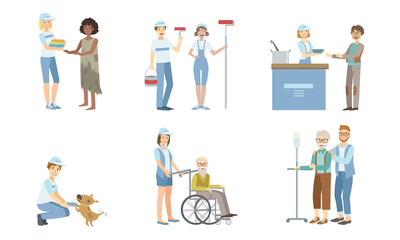 Fototapeta premium Volunteers at Work Set, Young Men and Women Helping Disabled Person and Homeless, Supporting Elderly People Vector Illustration