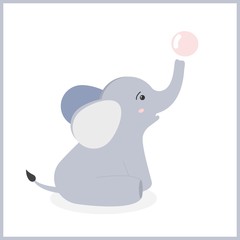 Cute little elephant sits and blows out a bubble. Vector illustration. Baby elephant playing with a bubble.