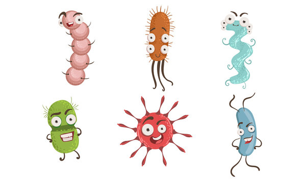 Collection of Microbes, Colorful Bacterias and Pathogens Characters With Various Emotions Vector Illustration