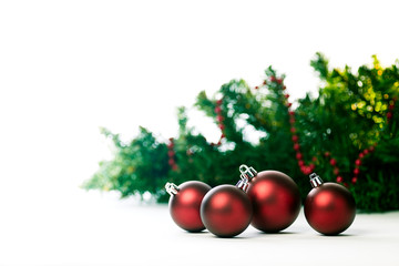 red christmas balls ornaments with pine trees