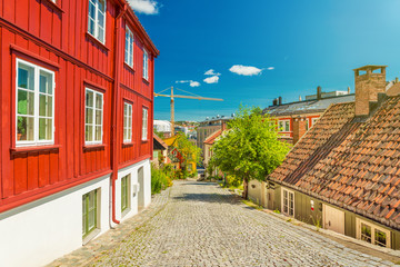 Old wooden houses in Oslo, view of one of the oldest streets in the city, Norway - obrazy, fototapety, plakaty