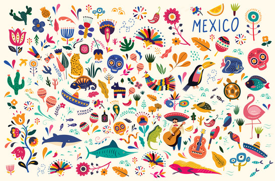 Mexican decorative vector pattern. Map of Mexico with traditional symbols and decorative elements.