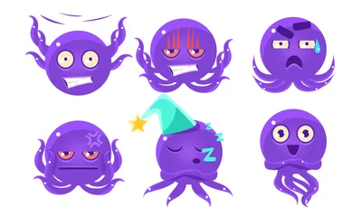 Fotobehang Cute Glossy Octopus Character Set, Funny Sea Creature Emoticon Vector Illustration © topvectors