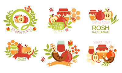Fototapeta premium Shana Tova Labels Set, Rosh Hashanah Jewish Holiday, New Year Banner, Poster, Badge Design Elements Vector Illustration