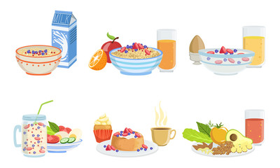 Healthy Breakfast Dishes Set, Classical Menu with Muesli, Oatmeal, Smoothie, Pancakes, Fruits, Vegetables and Berries Vector Illustration