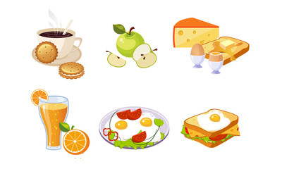 Collection of Breakfast Meal, Healthy Food and Drinks Different Sets Vector Illustration
