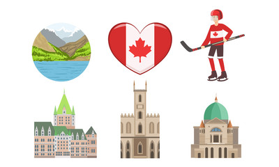 Canada Traditional Cultural Symbols and Attractions Set Vector Illustration