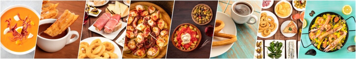 Spanish Food Collage. A panorama of various dishes, the cuisine of Spain banner with paella, tapas,...