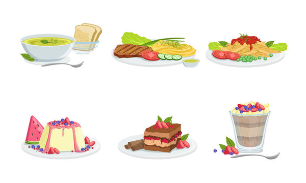 Collection of Different Food Set, Delicious Served Food and Desserts Vector Illustration