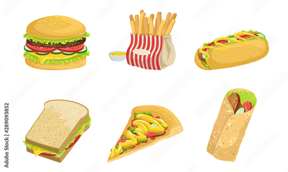 Wall mural Collection of Fast Food, Takeaway Street Food Dishes, Burger, French Fries, Hot Dog, Sandwich, Pizza, Shawarma, Vector Illustration