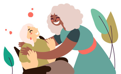 Flat style cartoon cute character, caucasian and african american two elderly people friends family hug. Wheelchair, care. Hand drawn vector illustration.