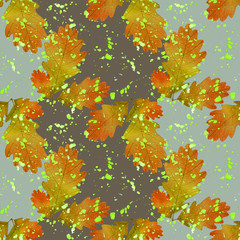Fototapeta na wymiar Watercolor seamless pattern with autumn oak leaves and green drops isolated on abstract gray background. For your design projects.