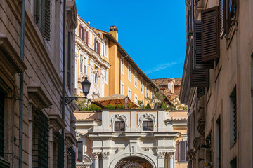 ROME, ITALY - January 17, 2019: Traditional street view of old buildings. Rome is a city and special comune in Italy. With 2.9 million residents. Rome, ITALY