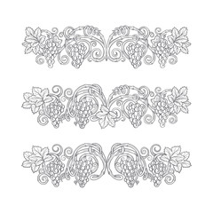 Grape. Hand drawn grape and vine engraving style illustrations set. Bunch of grapes vector design element. Grape and vine logo and background. Wine theme grape and vine vintage style ornament. Part of