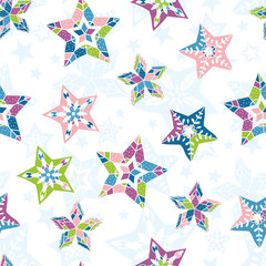 Obraz premium Beautiful colorful Snowflakes seamless pattern - hand drawn, great for Christmas or New Years themed fabrics, banners, wrapping paper, wallpaper or cards - vector surface design