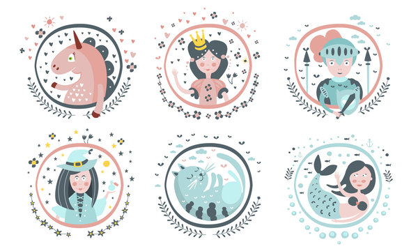 Cute Childish Fairy Tale Cartoon Characters Set, Unicorn, Princess, Knight, Witch, Cat, Mermaid, Decoration Design Elements Vector Illustration