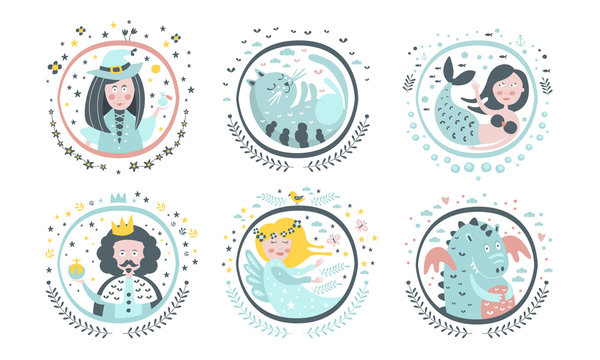 Cute Childish Fairy Tale Cartoon Characters Set, Witch, Cat, Mermaid, King, Angel, Dragon, Decoration Design Elements Vector Illustration