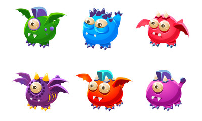 Cute Colorful Little Glossy Fantastic Monsters Set, Funny Big Eyed Mutants Cartoon Characters Vector Illustration