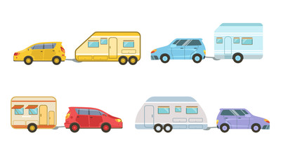Naklejka premium Collection of Cars with Trailers, Trailering, Camping, Outdoor Adventures Vector Illustration