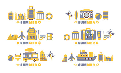 Summer Travel Badges Set, Summertime Holidays, Vacation Labels Flat Vector Illustration