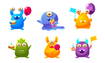 Collection of Cute Funny Fantastic Monsters Cartoon Characters, Happy Mutants Celebrating Birthday Party Vector Illustration