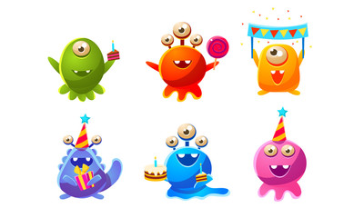 Collection of Cute Funny Colorful Monsters Cartoon Characters, Birthday Party Design, Happy Mutants Celebrating Party Vector Illustration